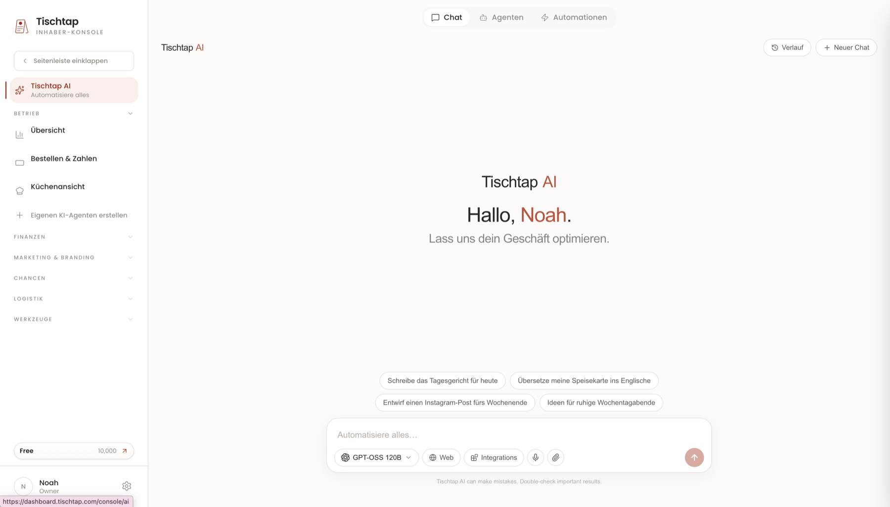 Tischtap AI Konsole mit KI-Assistent und Tagesübersicht